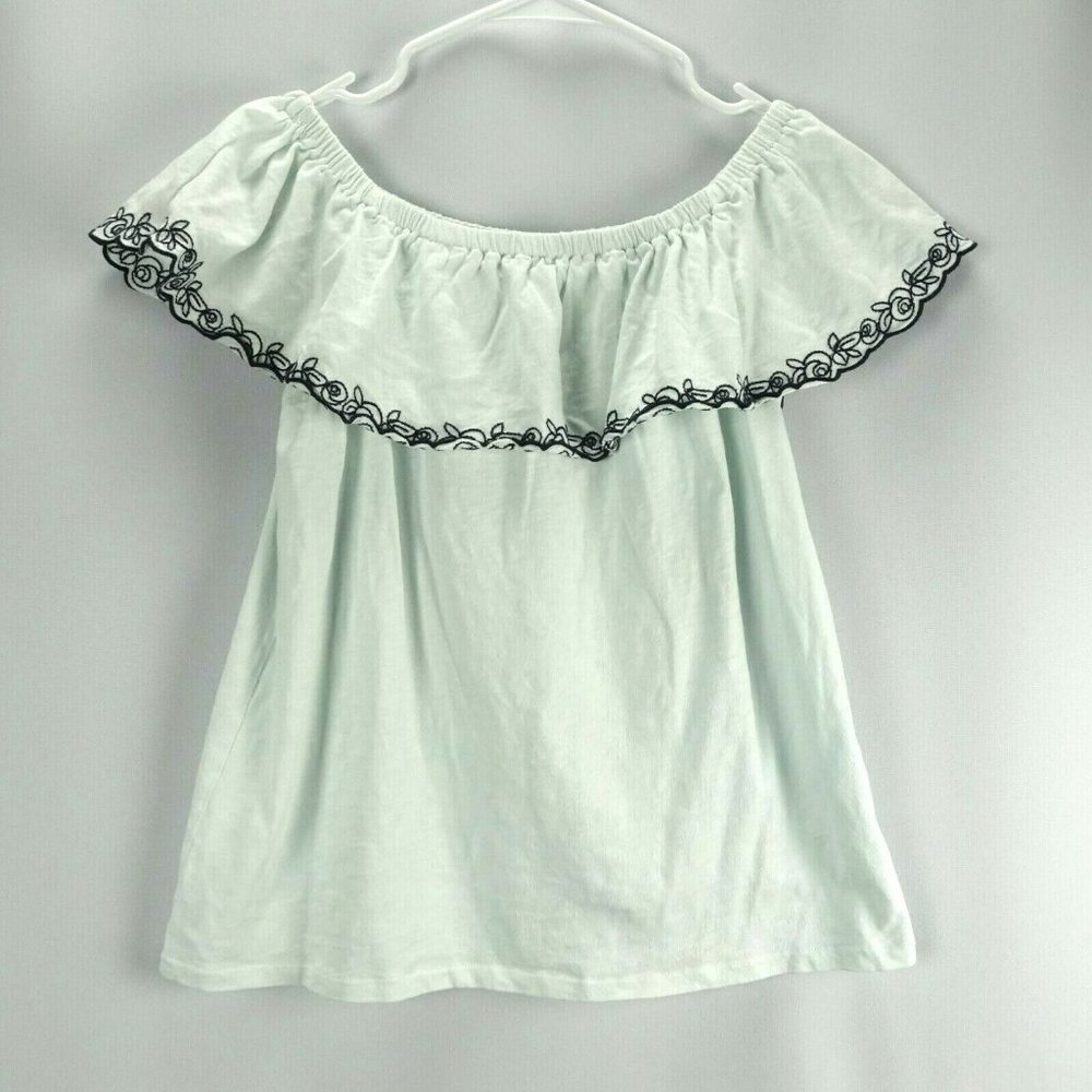 J CREW Women's Floral Trim Ruffled Blouse Green Size S